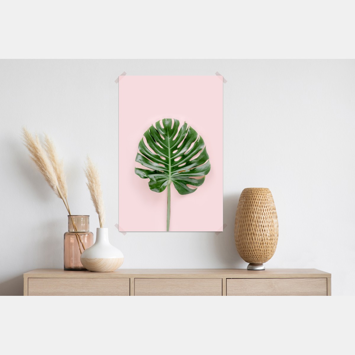 Plakat liść monstera na pastelowym różowym tle – Wallissimo® Plakat liść monstera na pastelowym różowym tle – Wallissimo®