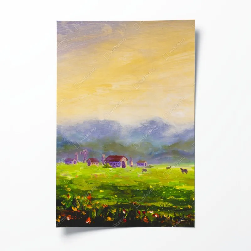 Plakat świt nad letnią łąką