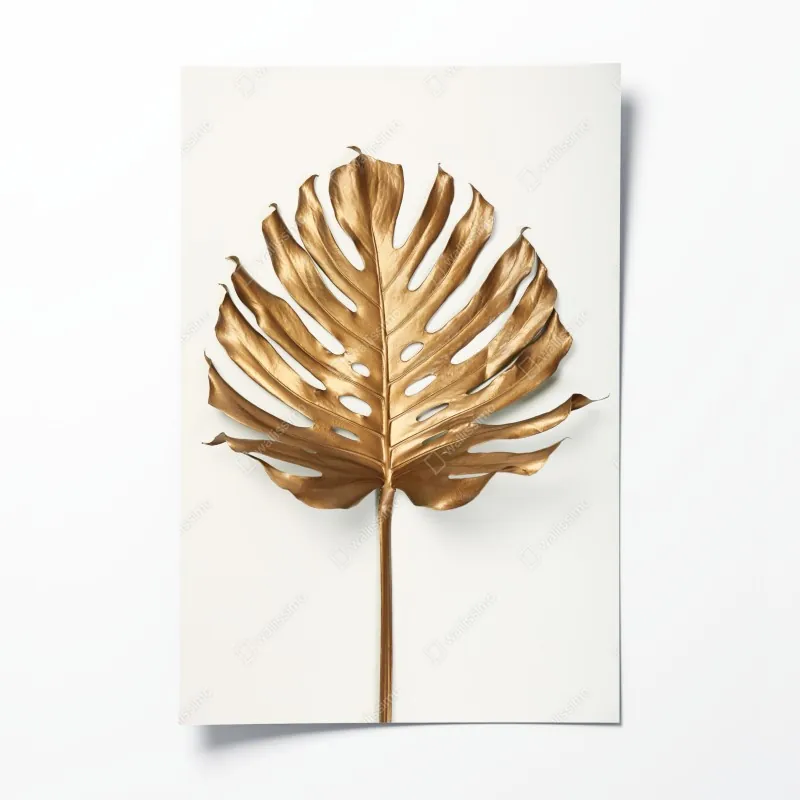 Plakat złoty liść monstera na białym tle