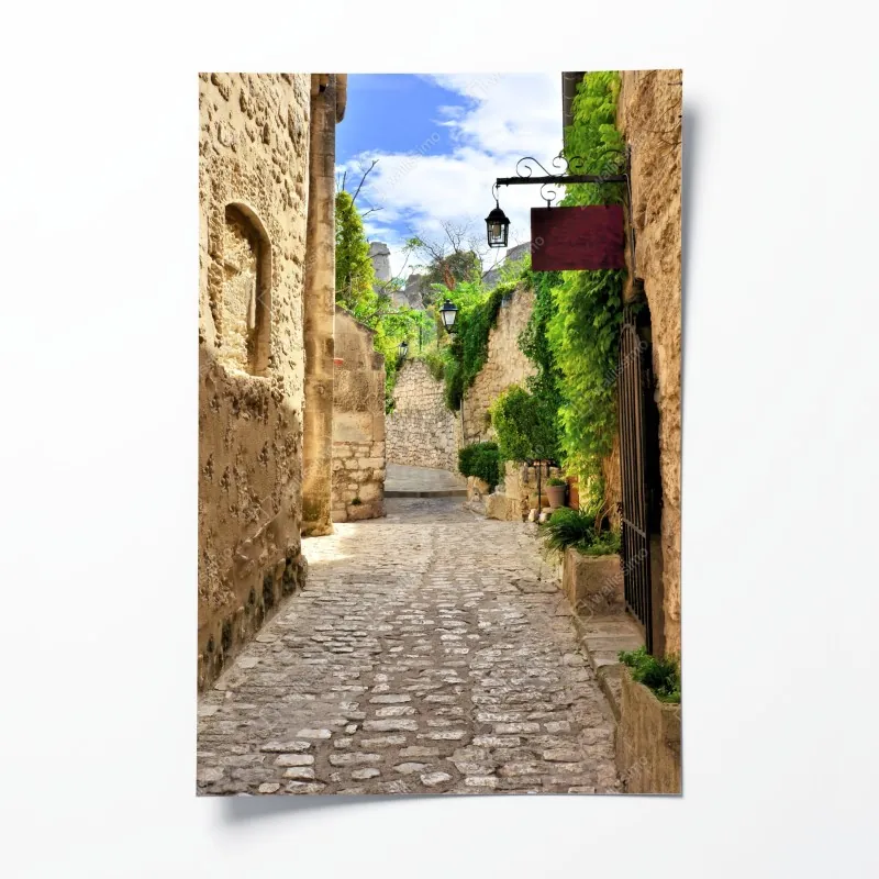 Plakat urocza brukowana uliczka w Les Baux de Provence