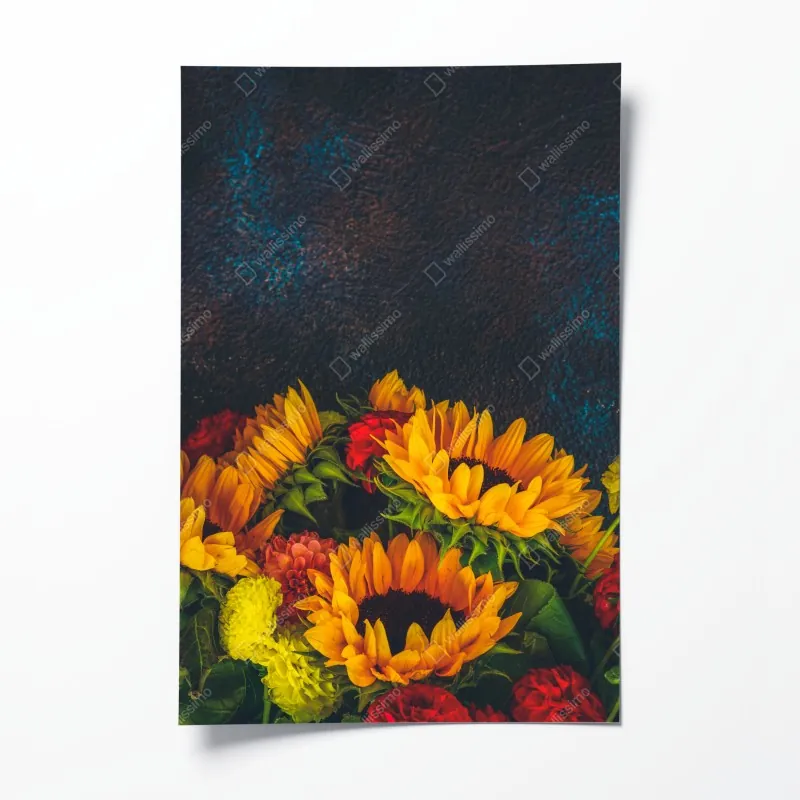 Plakat żywy bukiet słoneczników na ciemnym tle