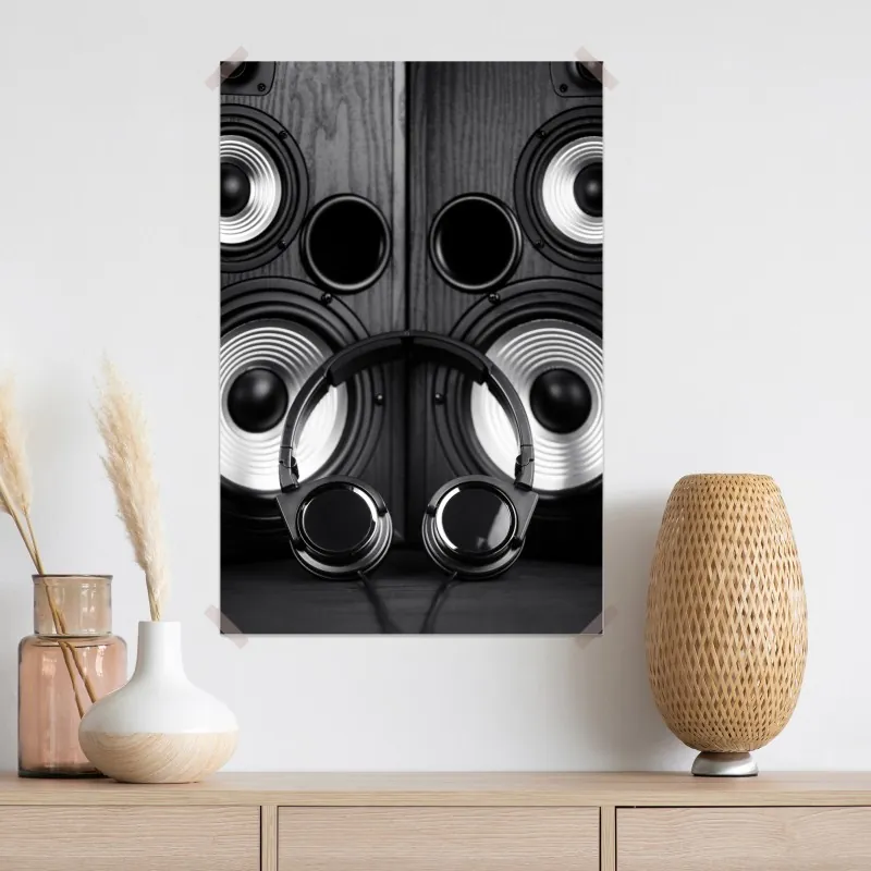 Plakat monochromatyczne ujęcie audio ze słuchawkami i głośnikami – Wallissimo® Plakat monochromatyczne ujęcie audio ze słuchawkami i głośnikami – Wallissimo®
