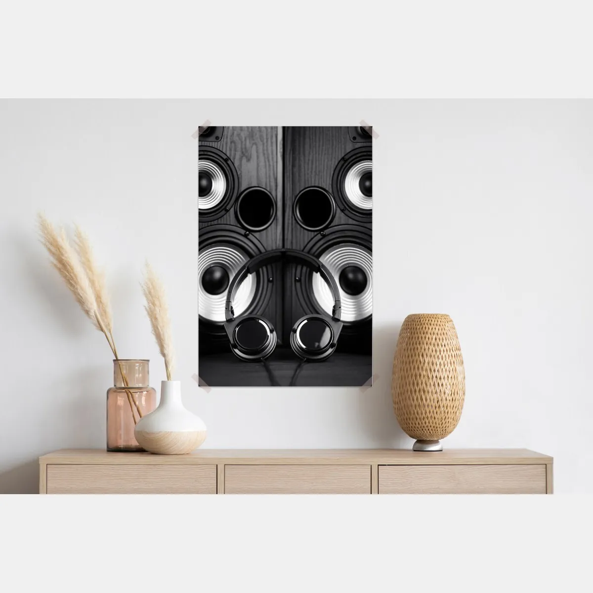 Plakat monochromatyczne ujęcie audio ze słuchawkami i głośnikami – Wallissimo® Plakat monochromatyczne ujęcie audio ze słuchawkami i głośnikami – Wallissimo®