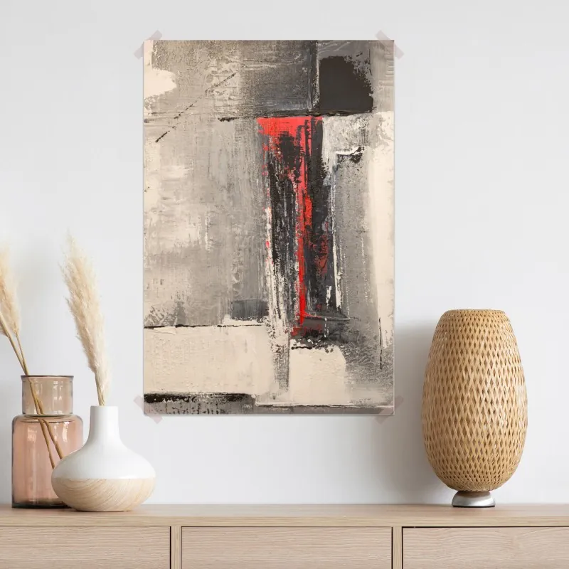 Plakat teksturalna abstrakcja z czerwonym akcentem