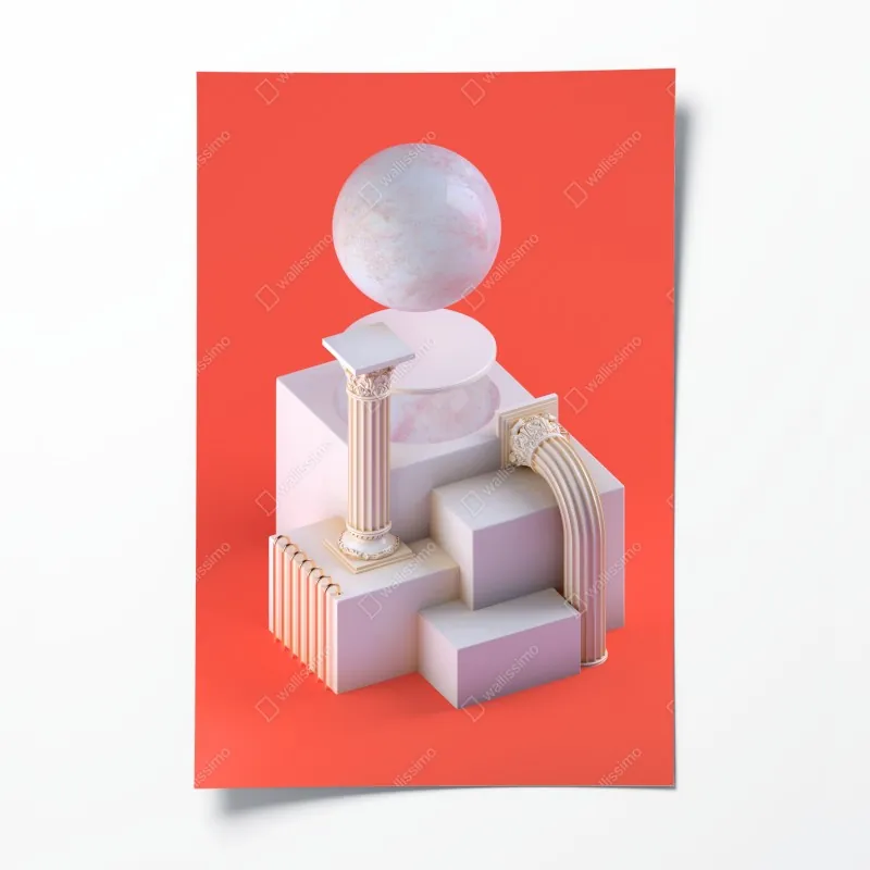 Plakat marmurowa kula i klasyczne kolumny na pomarańczowym tle