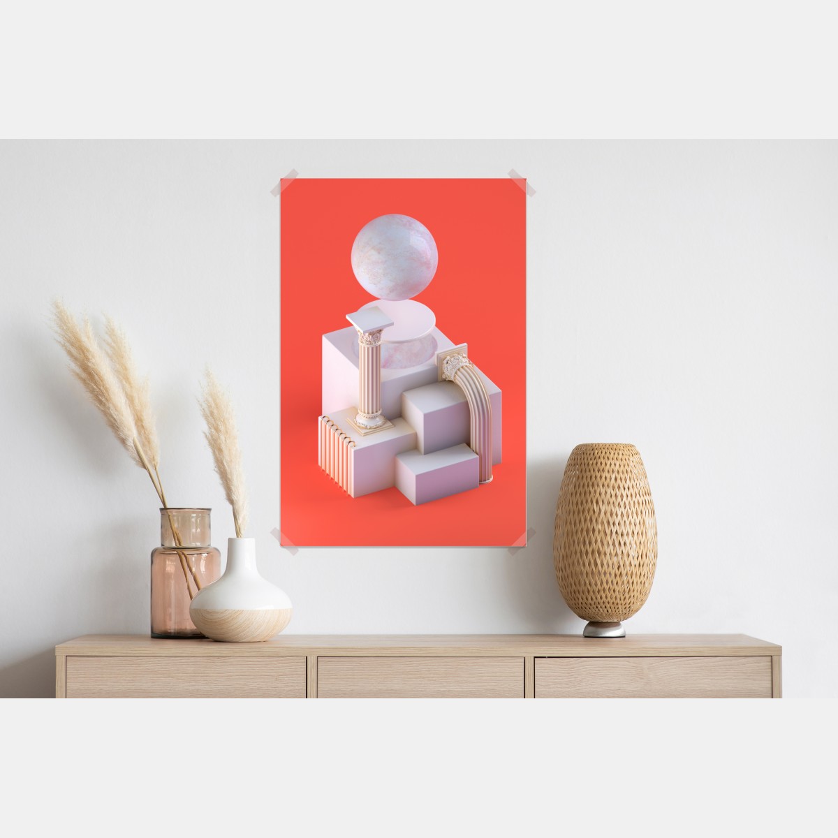 Plakat marmurowa kula i klasyczne kolumny na pomarańczowym tle – Wallissimo® Plakat marmurowa kula i klasyczne kolumny na pomarańczowym tle – Wallissimo®