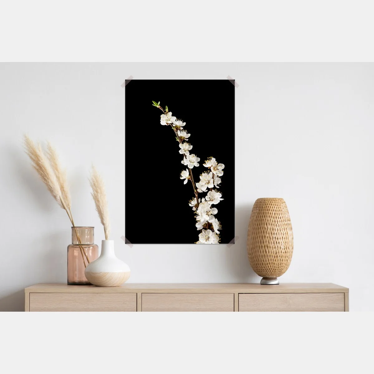 Plakat delikatna gałązka kwitnącej moreli na czarnym tle – Wallissimo® Plakat delikatna gałązka kwitnącej moreli na czarnym tle – Wallissimo®