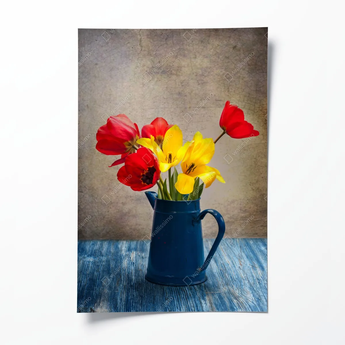 Plakat kolorowy bukiet tulipanów w niebieskim dzbanku – Wallissimo® Plakat kolorowy bukiet tulipanów w niebieskim dzbanku – Wallissimo®