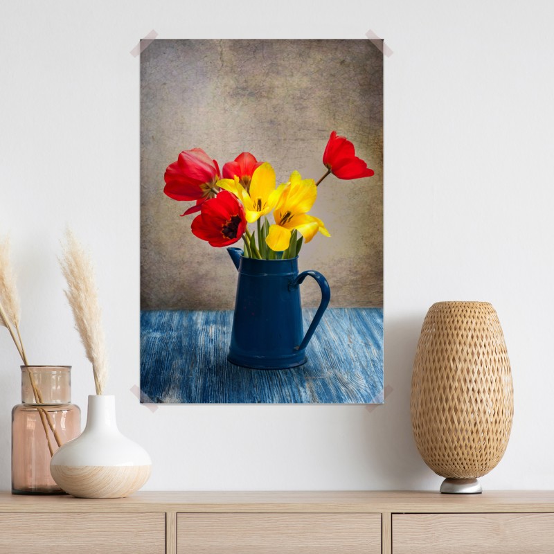 Plakat kolorowy bukiet tulipanów w niebieskim dzbanku – Wallissimo® Plakat kolorowy bukiet tulipanów w niebieskim dzbanku – Wallissimo®