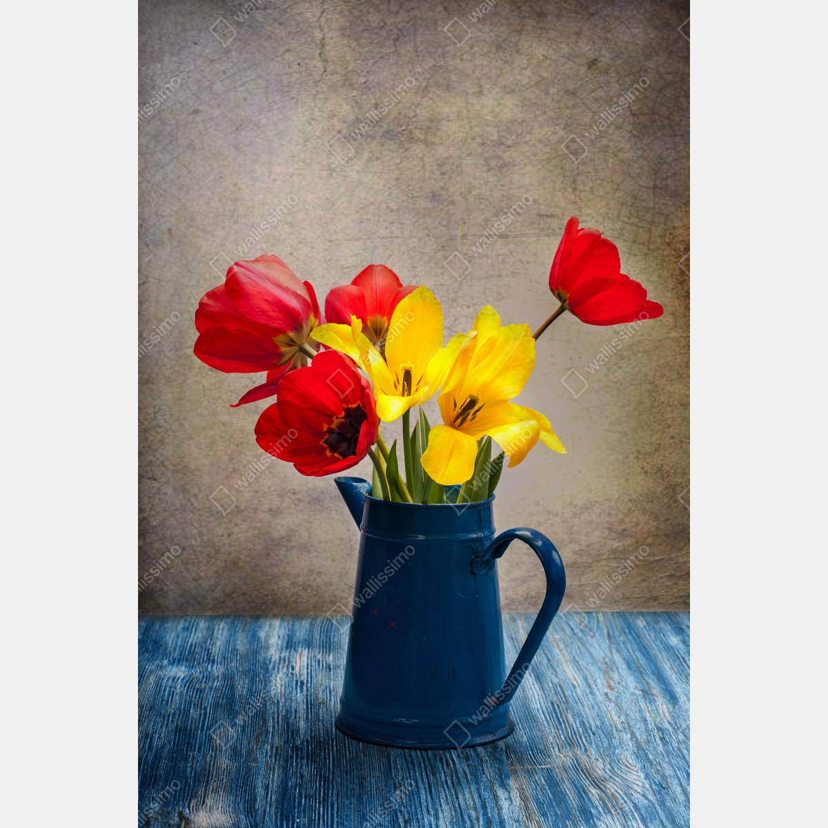 Plakat kolorowy bukiet tulipanów w niebieskim dzbanku – Wallissimo® Plakat kolorowy bukiet tulipanów w niebieskim dzbanku – Wallissimo®