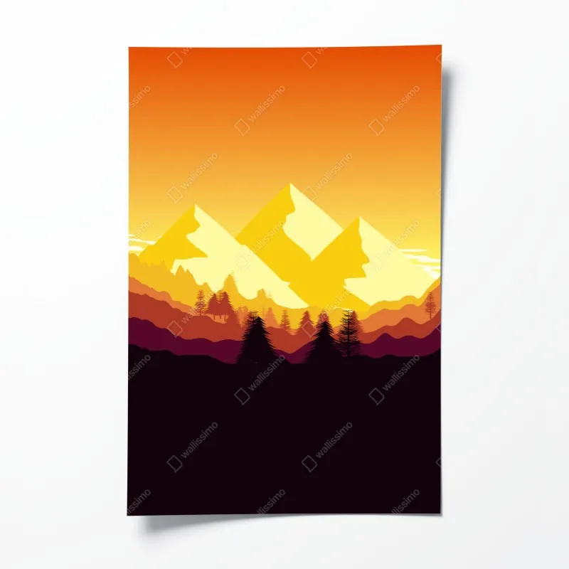 Plakat złoty zachód słońca nad górami