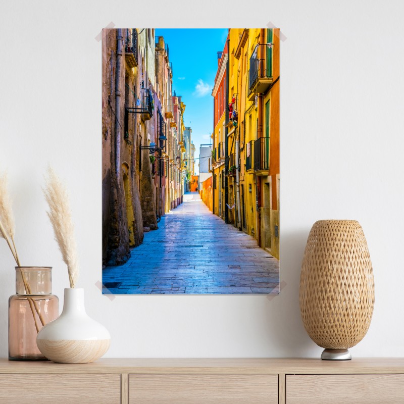 Plakat słoneczna Śródziemnomorska uliczka z kolorowymi fasadami – Wallissimo® Plakat słoneczna Śródziemnomorska uliczka z kolorowymi fasadami – Wallissimo®