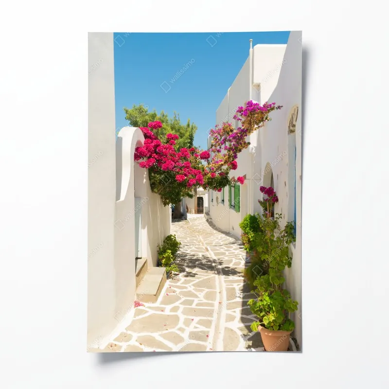 Plakat słoneczna śródziemnomorska uliczka z bugenwillą