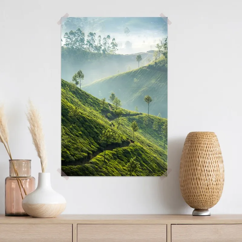 Plakat mglisty krajobraz plantacji herbaty w Munnar – Wallissimo® Plakat mglisty krajobraz plantacji herbaty w Munnar – Wallissimo®