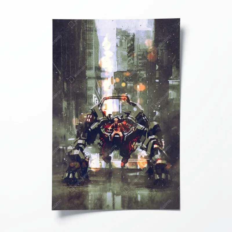 Plakat futurystyczny mech w neonowym mieście