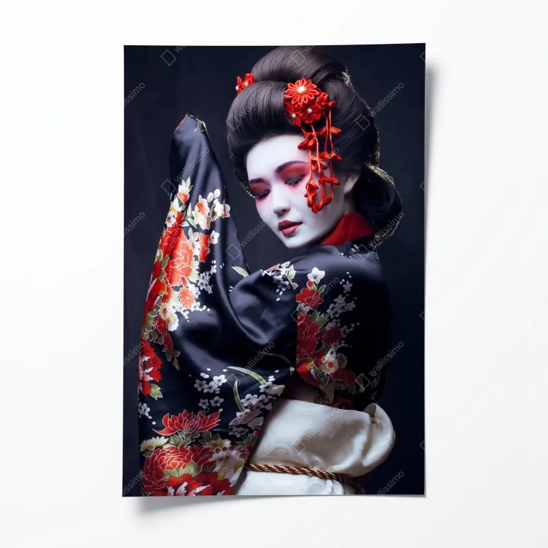 Plakat elegancki portret gejszy w czerwonym i czarnym kimonie