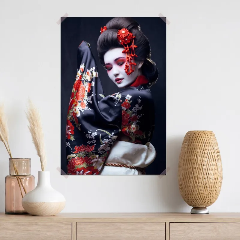 Plakat elegancki portret gejszy w czerwonym i czarnym kimonie – Wallissimo® Plakat elegancki portret gejszy w czerwonym i czarnym kimonie – Wallissimo®