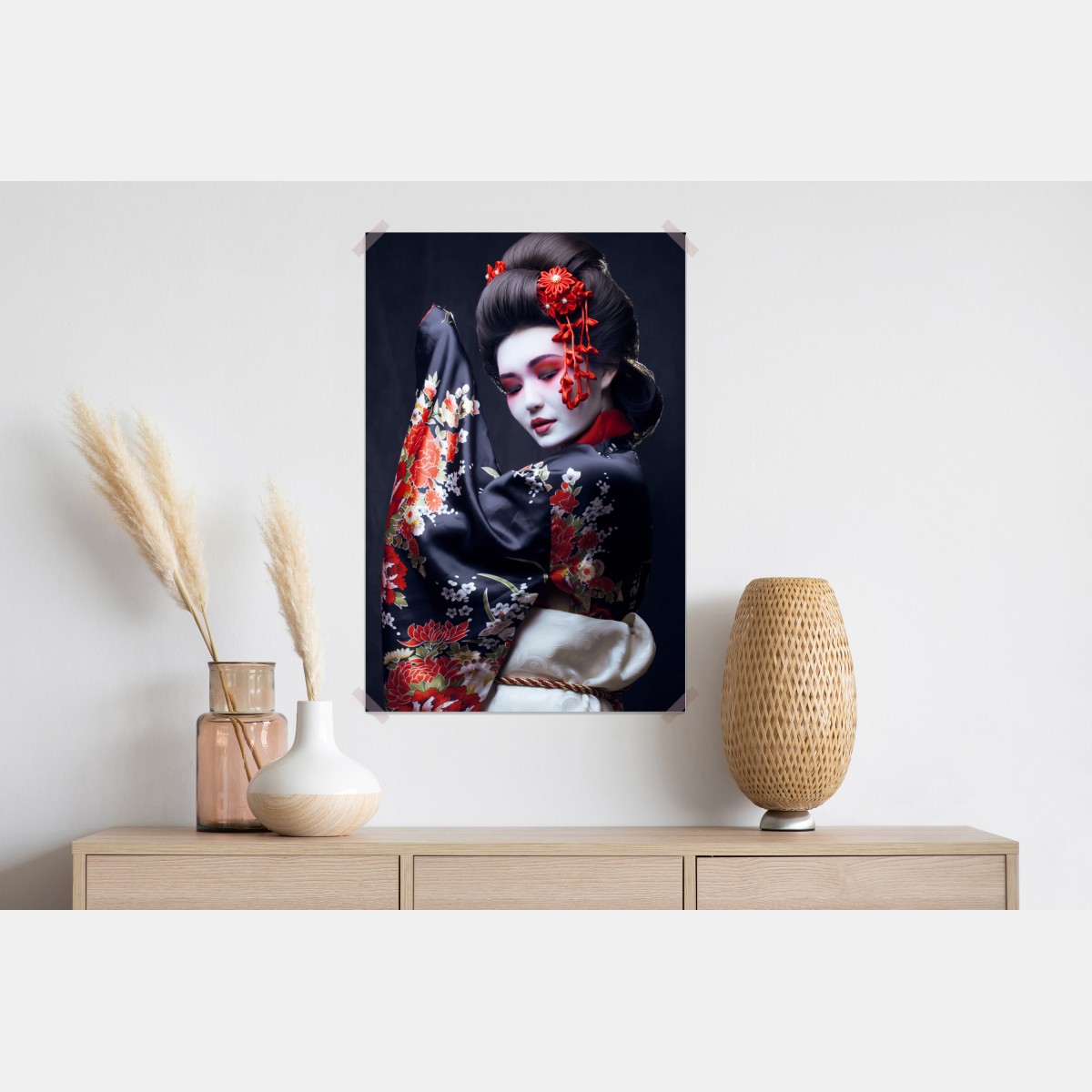 Plakat elegancki portret gejszy w czerwonym i czarnym kimonie – Wallissimo® Plakat elegancki portret gejszy w czerwonym i czarnym kimonie – Wallissimo®