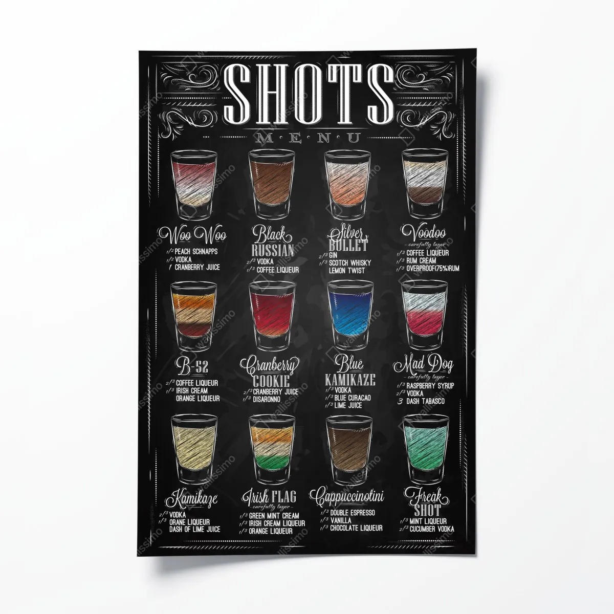 Plakat kredowe menu shotów w stylu vintage – Wallissimo® Plakat kredowe menu shotów w stylu vintage – Wallissimo®