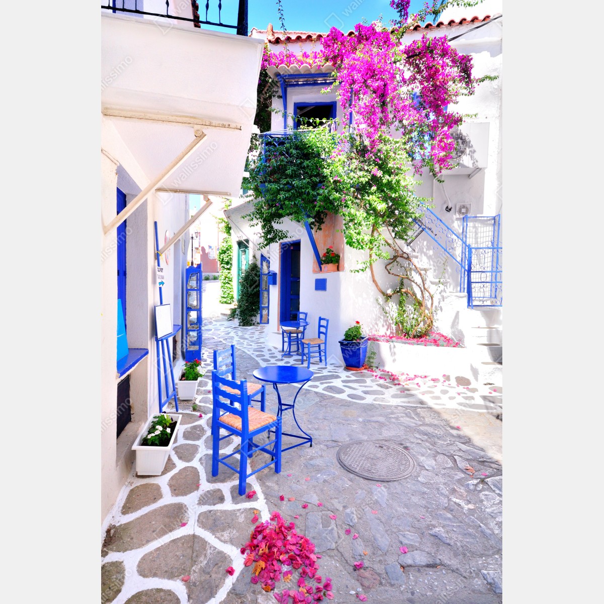 Plakat słoneczna uliczka z niebieskimi krzesłami – Wallissimo® Plakat słoneczna uliczka z niebieskimi krzesłami – Wallissimo®