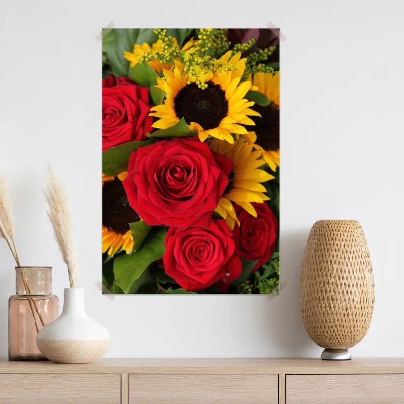 Plakat czerwone róże i słoneczniki w bukiecie – Wallissimo® Plakat czerwone róże i słoneczniki w bukiecie – Wallissimo®