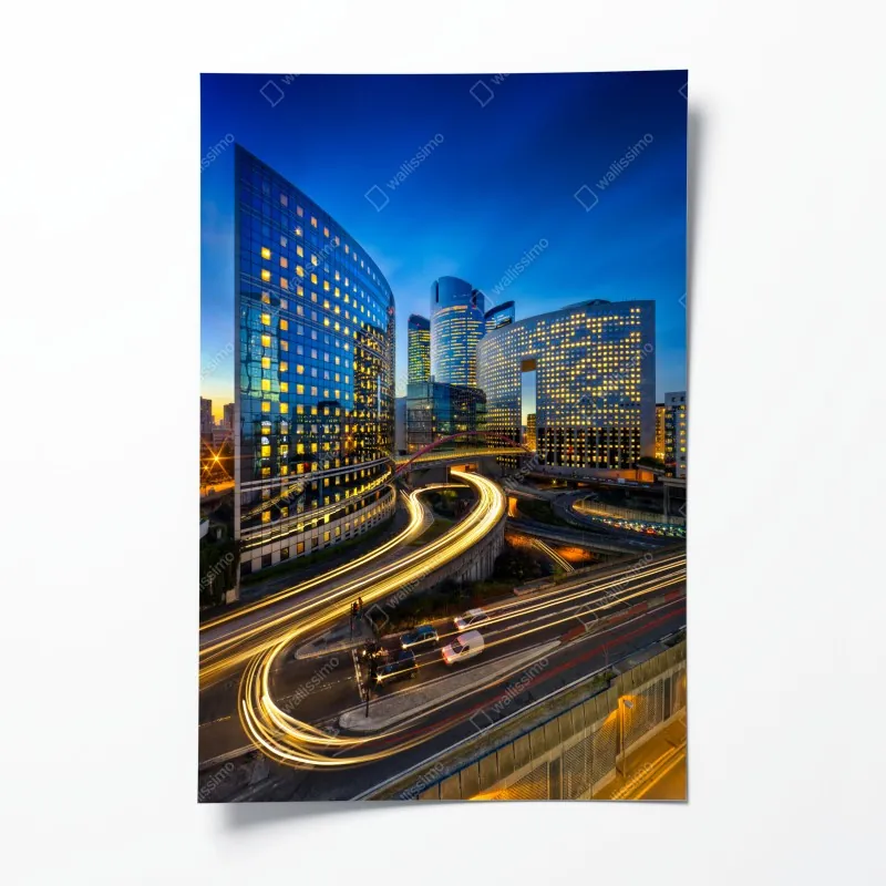 Plakat nowoczesna panorama miasta o zmierzchu