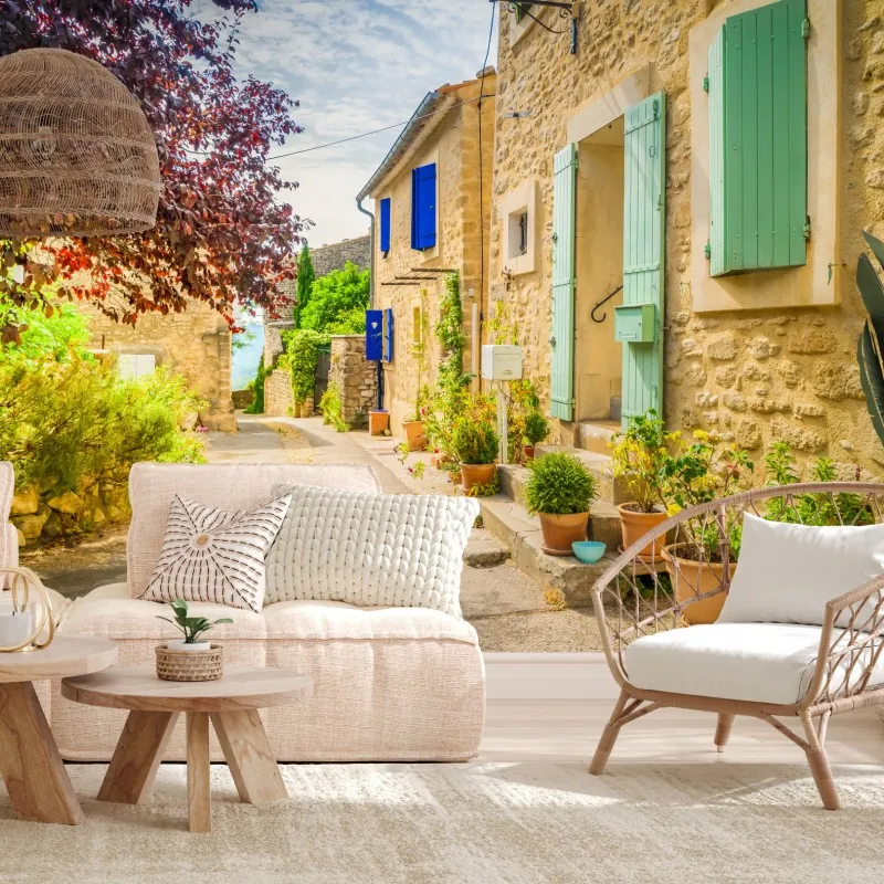 Fototapeta słoneczna uliczka z kamiennymi domami i kolorowymi okiennicami