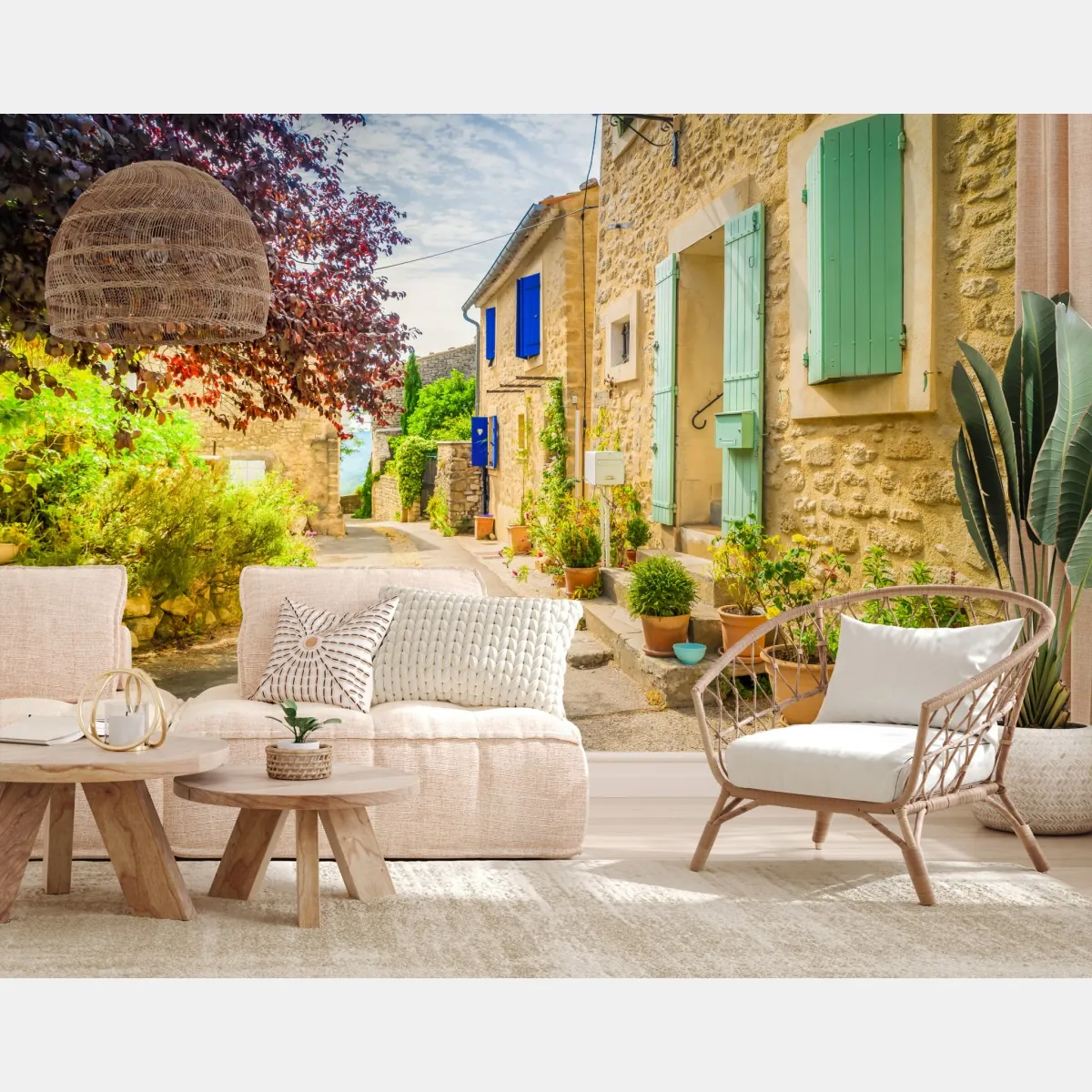 Fototapeta słoneczna uliczka z kamiennymi domami i kolorowymi okiennicami – Wallissimo® Fototapeta słoneczna uliczka z kamiennymi domami i kolorowymi okiennicami – Wallissimo®