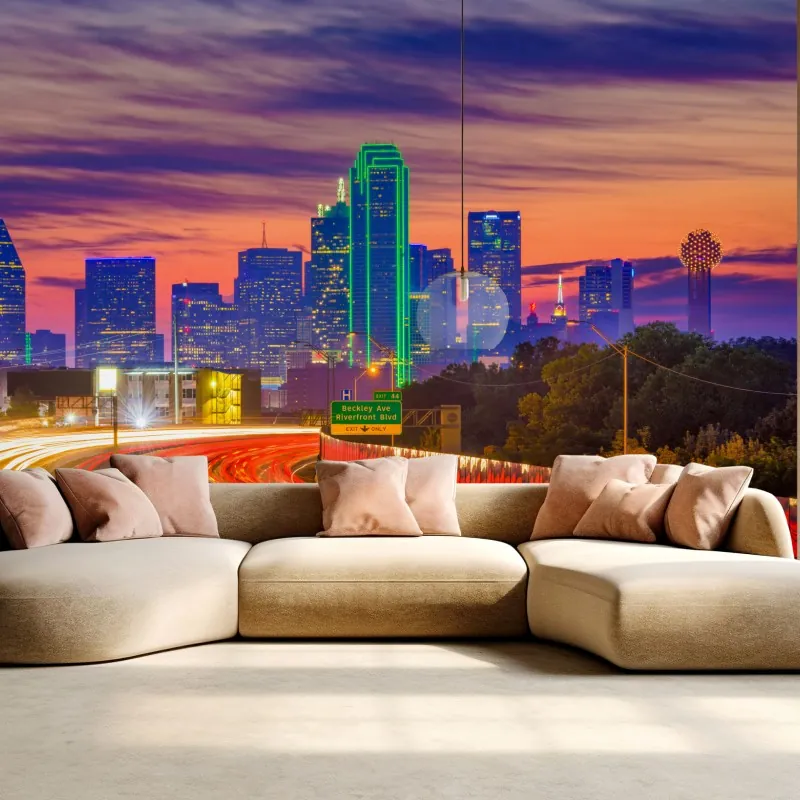Fototapeta panorama Dallas o zachodzie słońca z świetlnymi smugami autostrady