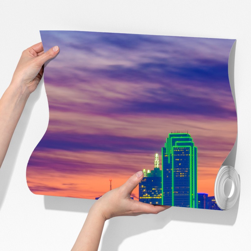 Fototapeta panorama Dallas o zachodzie słońca z świetlnymi smugami autostrady – Wallissimo® Fototapeta panorama Dallas o zachodzie słońca z świetlnymi smugami autostrady – Wallissimo®