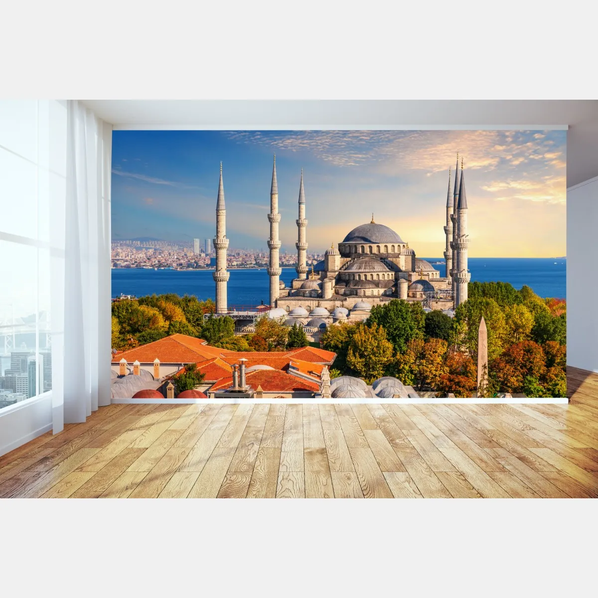 Fototapeta Stambuł z Błękitnym Meczetem o zachodzie słońca – Wallissimo® Fototapeta Stambuł z Błękitnym Meczetem o zachodzie słońca – Wallissimo®