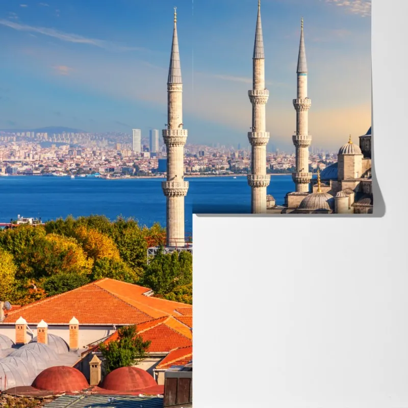 Fototapeta Stambuł z Błękitnym Meczetem o zachodzie słońca – Wallissimo® Fototapeta Stambuł z Błękitnym Meczetem o zachodzie słońca – Wallissimo®