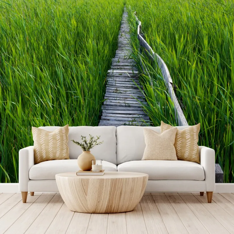 Fototapeta spokojny zielony pomost przez trzcinowisko do rustykalnej chaty