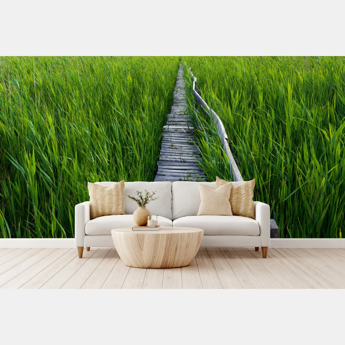 Fototapeta spokojny zielony pomost przez trzcinowisko do rustykalnej chaty – Wallissimo® Fototapeta spokojny zielony pomost przez trzcinowisko do rustykalnej chaty – Wallissimo®