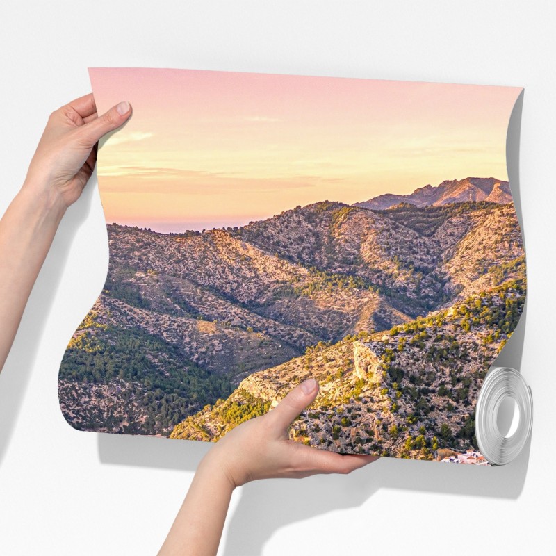 Fototapeta zachód słońca nad klifem i nadmorską wioską – Wallissimo® Fototapeta zachód słońca nad klifem i nadmorską wioską – Wallissimo®