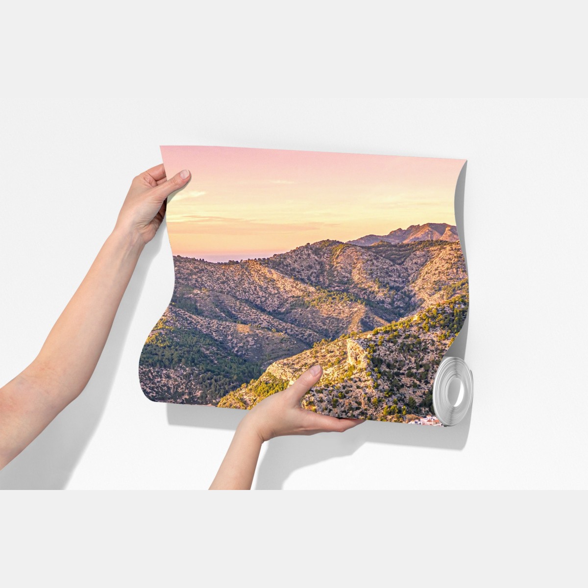 Fototapeta zachód słońca nad klifem i nadmorską wioską – Wallissimo® Fototapeta zachód słońca nad klifem i nadmorską wioską – Wallissimo®