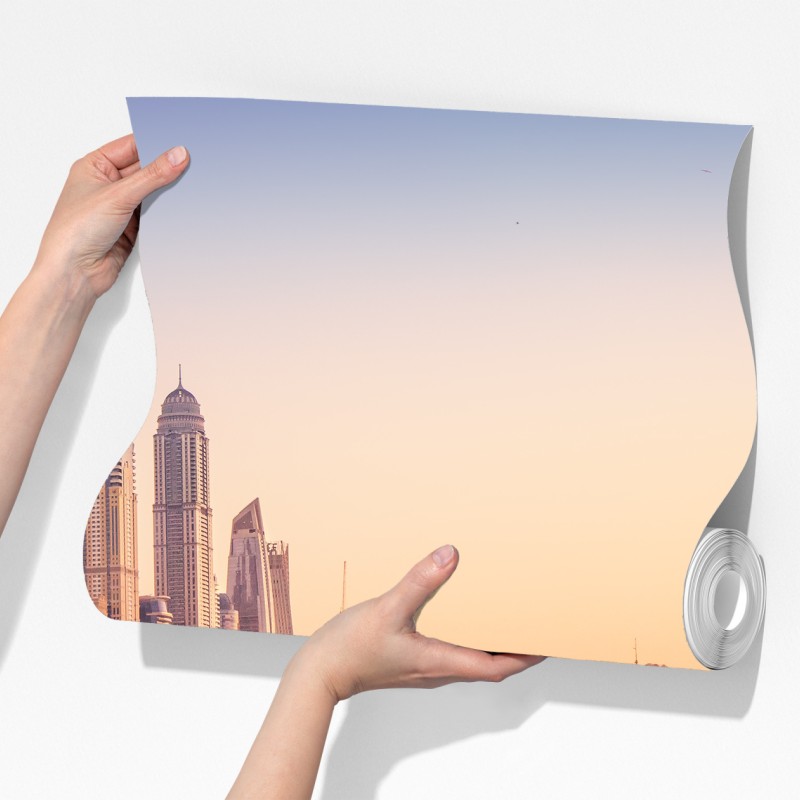 Fototapeta Dubaj panorama miasta o zachodzie słońca – Wallissimo® Fototapeta Dubaj panorama miasta o zachodzie słońca – Wallissimo®