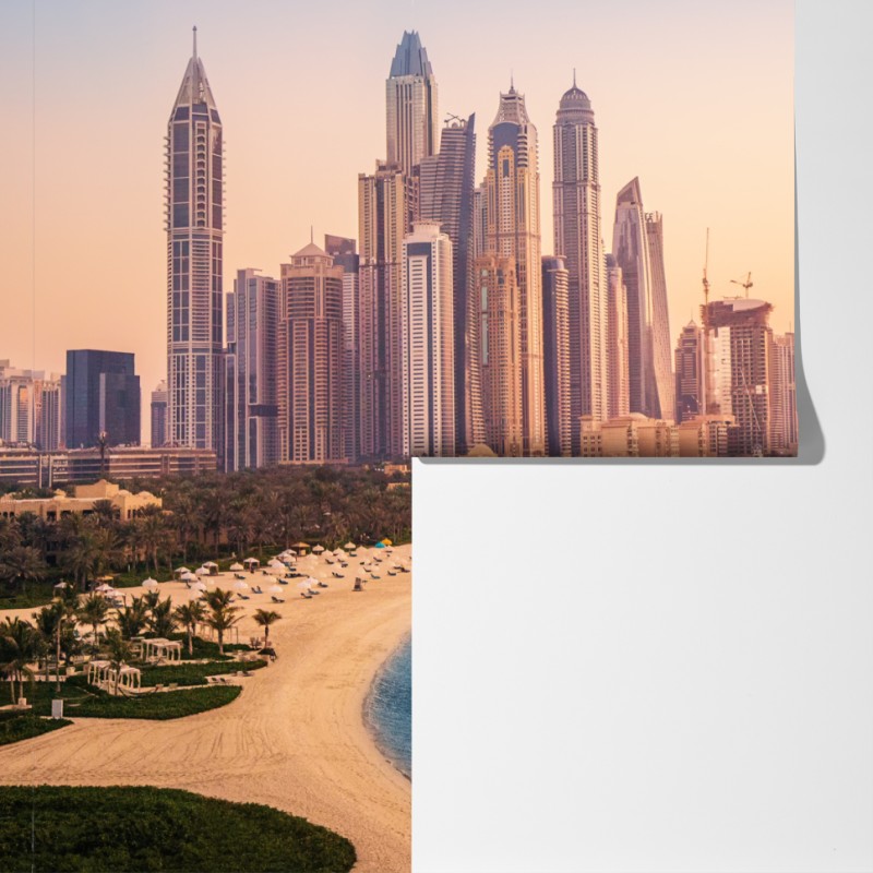 Fototapeta Dubaj panorama miasta o zachodzie słońca – Wallissimo® Fototapeta Dubaj panorama miasta o zachodzie słońca – Wallissimo®