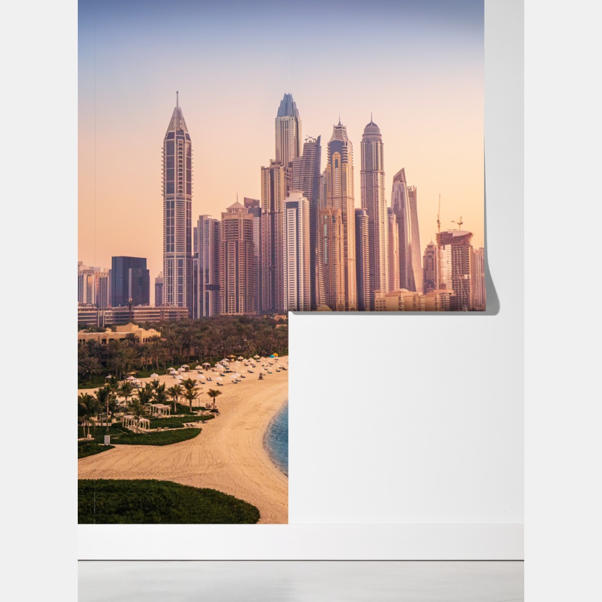 Fototapeta Dubaj panorama miasta o zachodzie słońca – Wallissimo® Fototapeta Dubaj panorama miasta o zachodzie słońca – Wallissimo®
