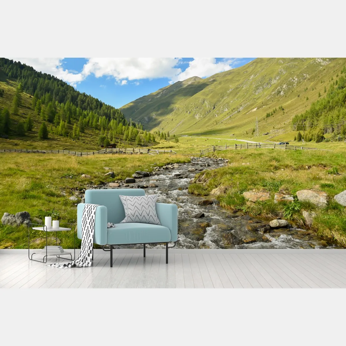 Fototapeta alpejski strumień w słonecznej dolinie – Wallissimo® Fototapeta alpejski strumień w słonecznej dolinie – Wallissimo®