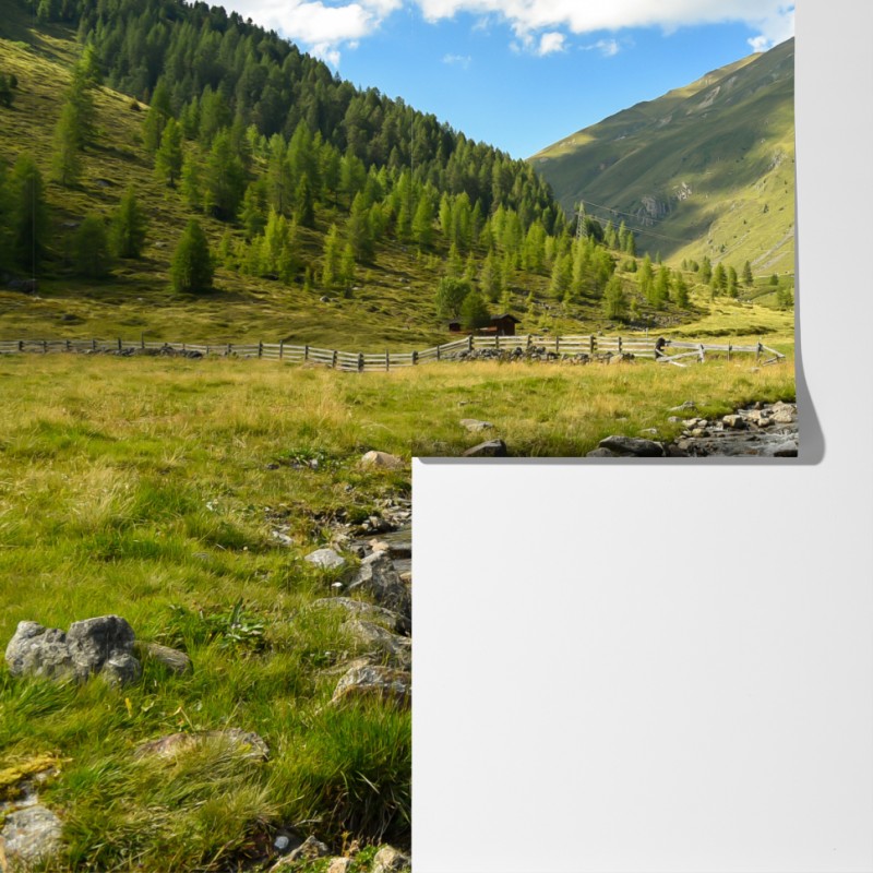 Fototapeta alpejski strumień w słonecznej dolinie – Wallissimo® Fototapeta alpejski strumień w słonecznej dolinie – Wallissimo®