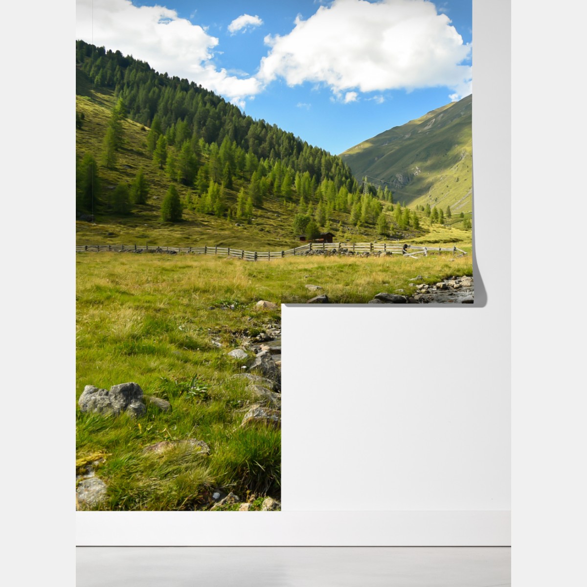 Fototapeta alpejski strumień w słonecznej dolinie – Wallissimo® Fototapeta alpejski strumień w słonecznej dolinie – Wallissimo®