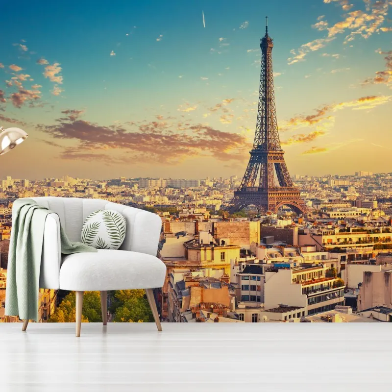 Fototapeta zachód słońca nad panoramą Paryża z Wieżą Eiffla