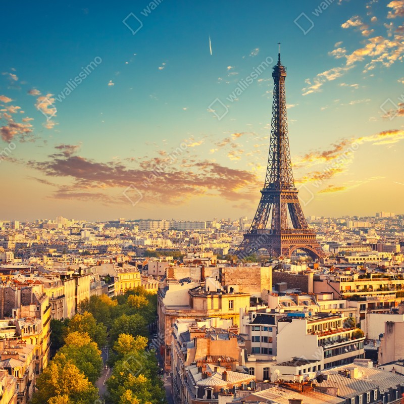 Fototapeta zachód słońca nad panoramą Paryża z Wieżą Eiffla – Wallissimo® Fototapeta zachód słońca nad panoramą Paryża z Wieżą Eiffla – Wallissimo®