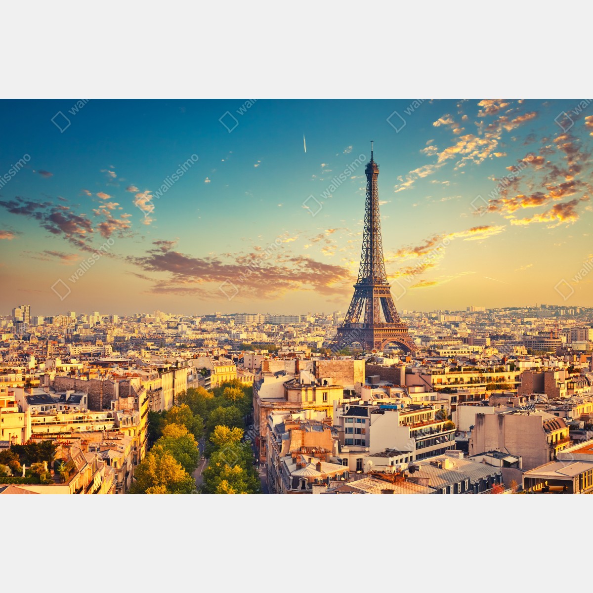 Fototapeta zachód słońca nad panoramą Paryża z Wieżą Eiffla – Wallissimo® Fototapeta zachód słońca nad panoramą Paryża z Wieżą Eiffla – Wallissimo®