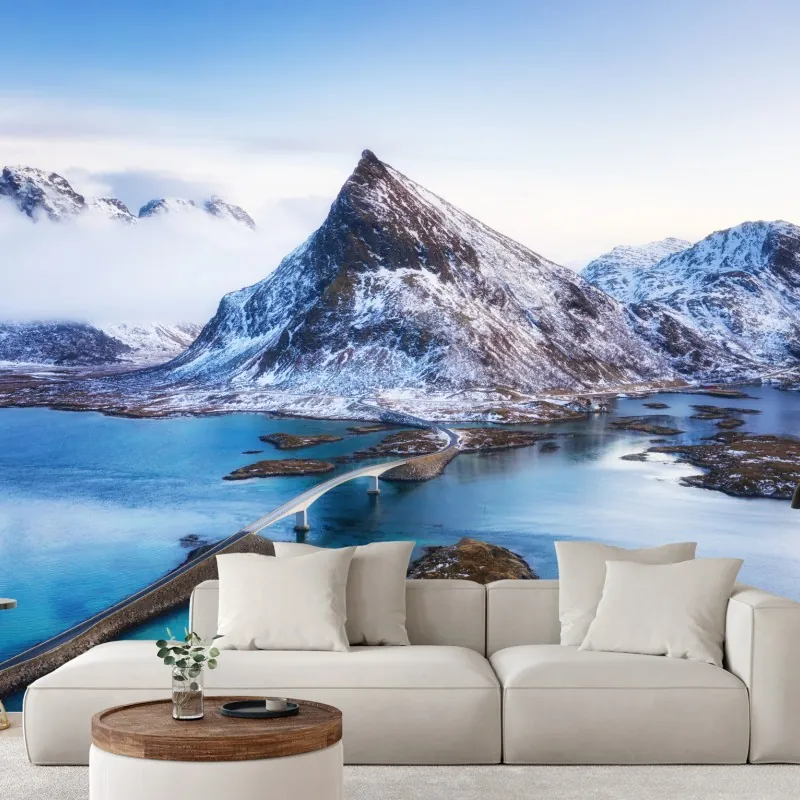 Fototapeta Lofoty most i góra z lotu ptaka