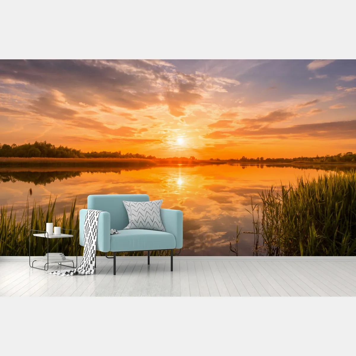 Fototapeta złoty zachód słońca nad spokojnym jeziorem – Wallissimo® Fototapeta złoty zachód słońca nad spokojnym jeziorem – Wallissimo®