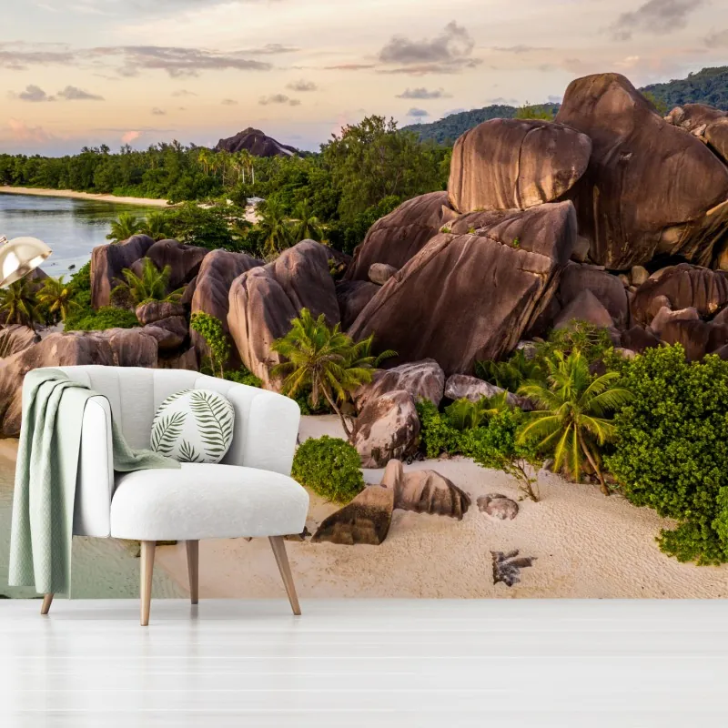 Fototapeta Anse d'Argent tropikalna plaża z granitowymi głazami – Wallissimo® Fototapeta Anse d'Argent tropikalna plaża z granitowymi głazami – Wallissimo®