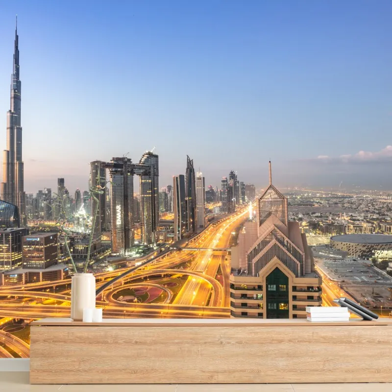 Fototapeta panorama Dubaju o zmierzchu – Wallissimo® Fototapeta panorama Dubaju o zmierzchu – Wallissimo®