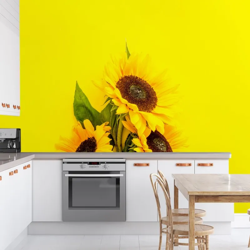 Fototapeta jasny bukiet słoneczników na żółtym tle